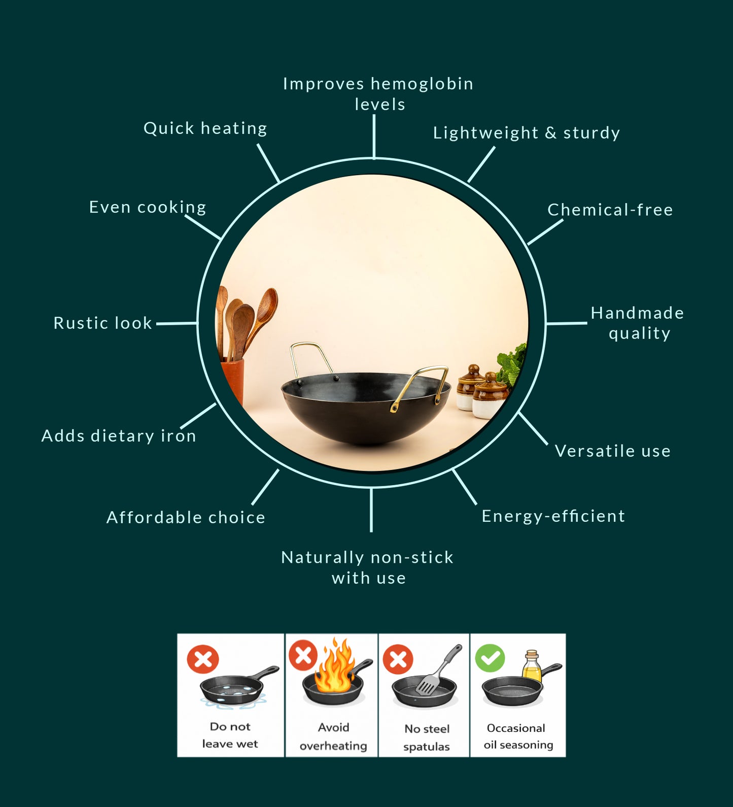 Pure Iron Kadai (Wok) (10" Inches)
