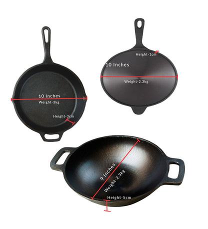 Cast Iron Combo  ( Kadai + Roti/Dosa Tawa + Skillet )