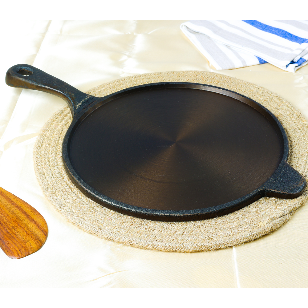 Cast Iron Roti Tawa with Long Handle Pre-Seasoned Non Sticky