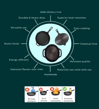 Cast Iron Combo ( Kadai + Roti/Dosa Tawa + Skillet )