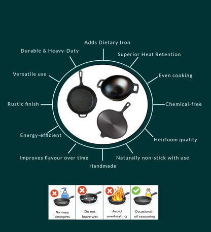 Cast Iron Combo  ( Kadai + Roti/Dosa Tawa + Skillet )