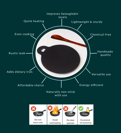 (PAPER ROAST) Pure Iron Dosa Tawa (10" Inches)+ Free Wooden Flip