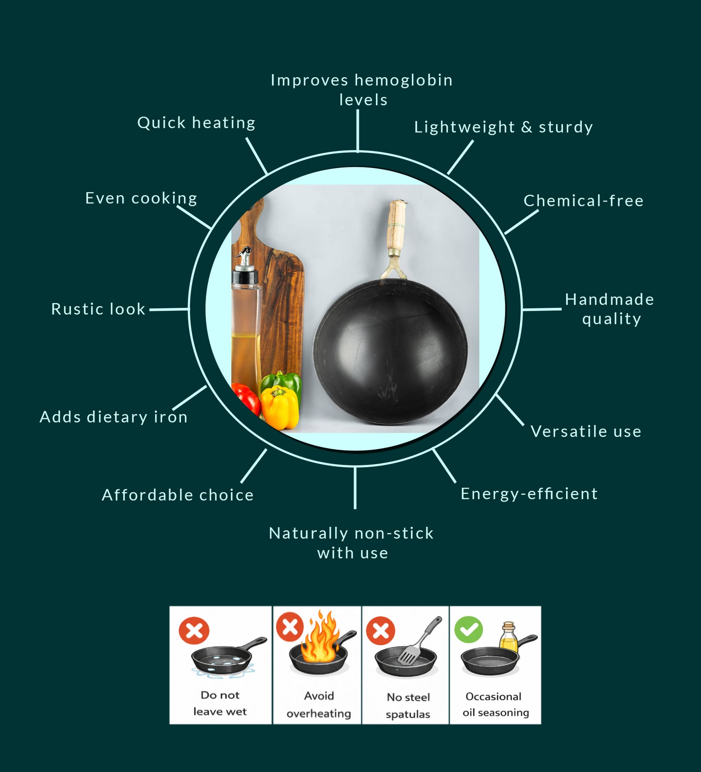 Pure Iron Flat Round Wok (11" Inches)