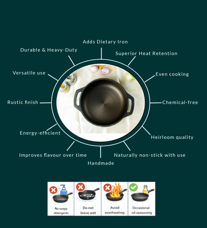 SUPER SMOOTH Cast Iron Flat Bottom Kadai