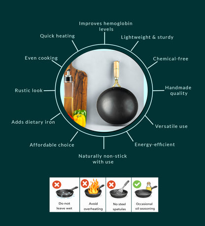 Pure Iron Flat Bottom Wok (9" Inches)